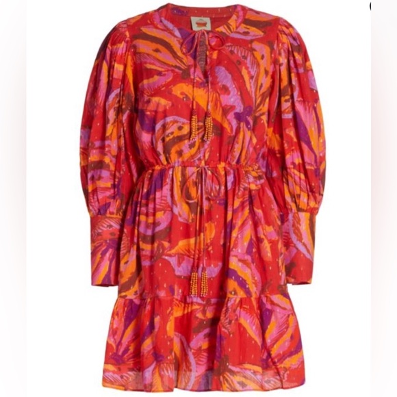 Farm Rio Long Sleeve Mini Dress Banana Juice Print Pink Beaded Drawstring Large - Picture 14 of 14